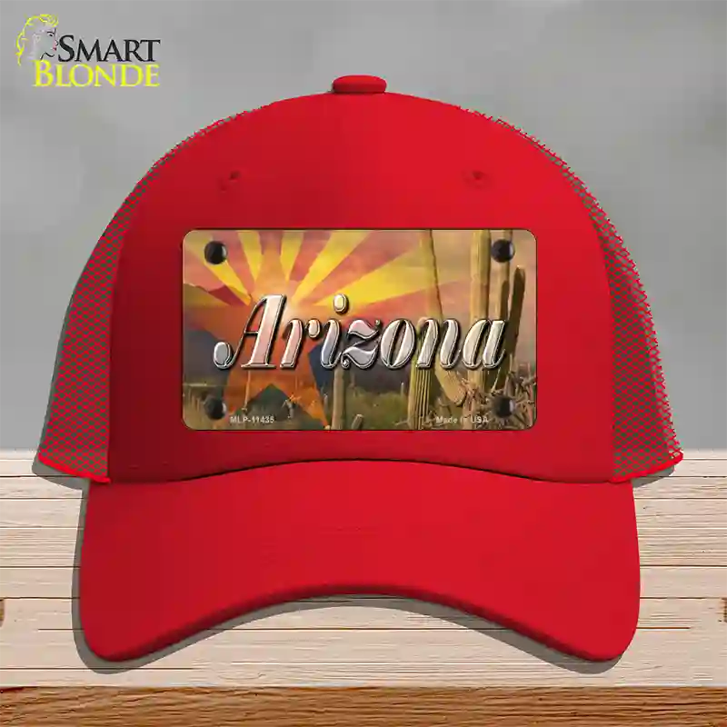 Arizona State Flag Overlay On Cactus Novelty License Plate Hat Mesh / Red