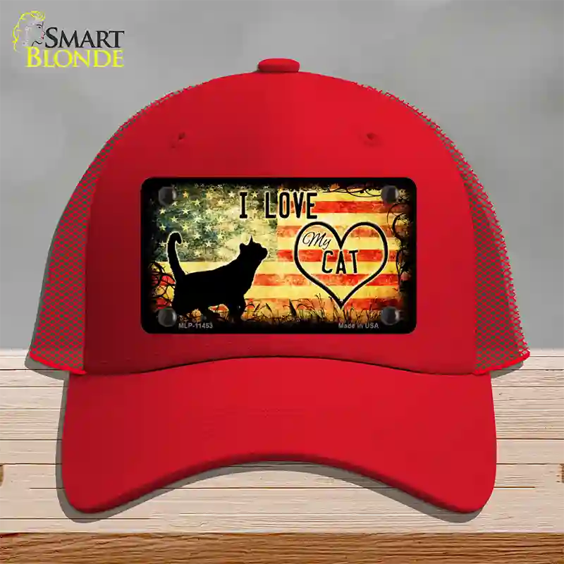 I Love My Cat Novelty License Plate Hat Mesh / Red