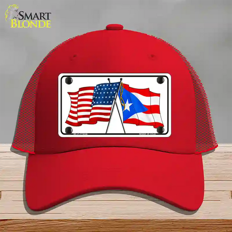 Puerto Rico Crossed US Flag Novelty License Plate Hat Mesh / Red