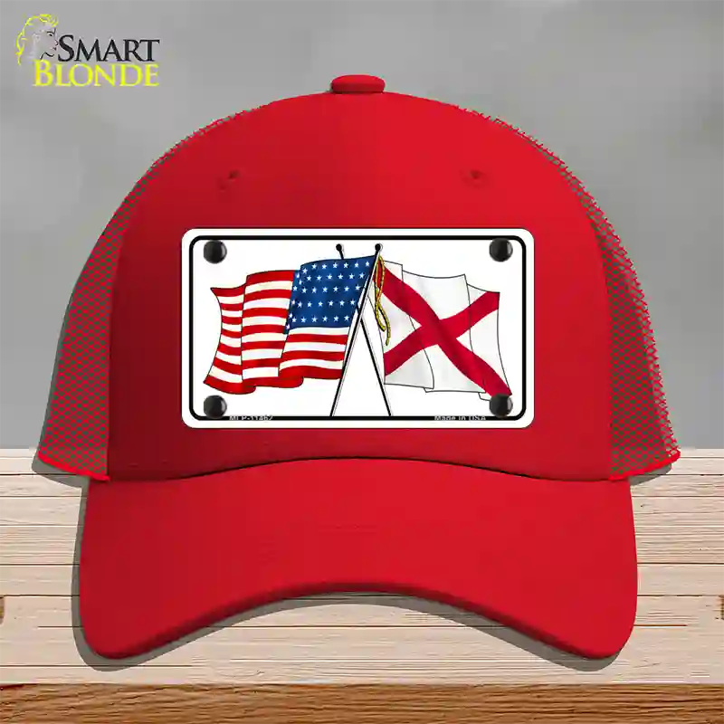 Alabama Crossed US Flag Novelty License Plate Hat Mesh / Red