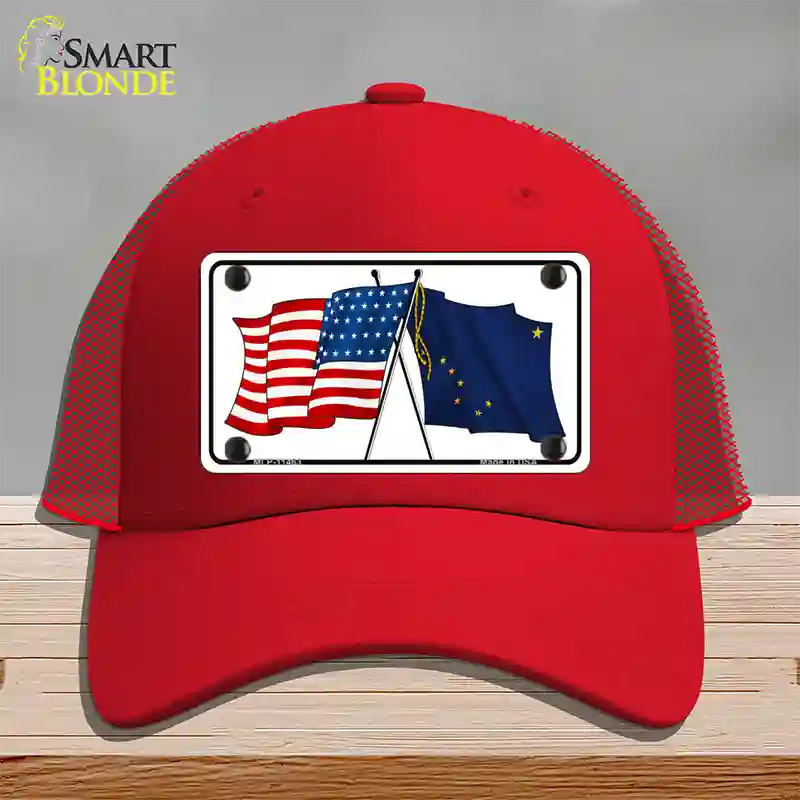 Alaska Crossed US Flag Novelty License Plate Hat Mesh / Red