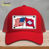 Arkansas Crossed US Flag Novelty License Plate Hat Mesh / Red