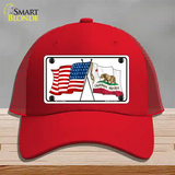 California Crossed US Flag Novelty License Plate Hat Mesh / Red