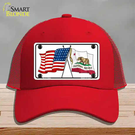 California Crossed US Flag Novelty License Plate Hat Mesh / Red