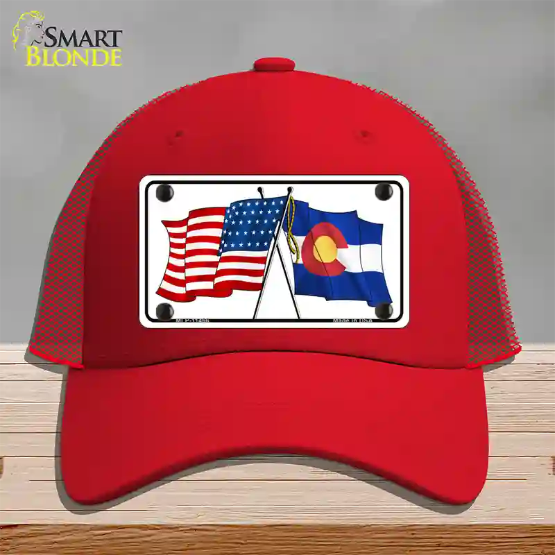 Colorado Crossed US Flag Novelty License Plate Hat Mesh / Red