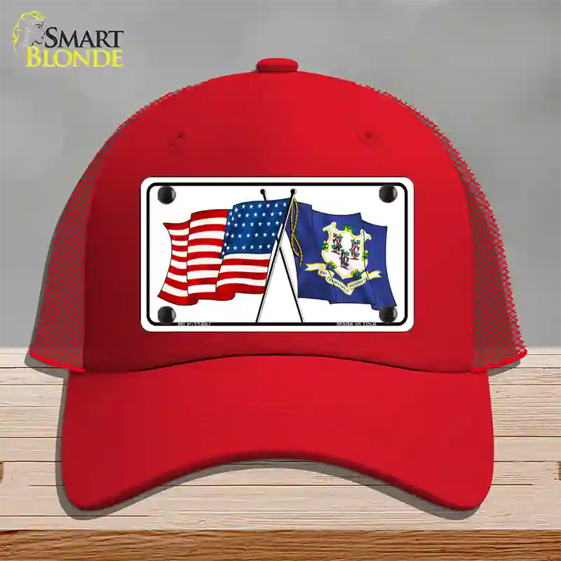 Connecticut Crossed US Flag Novelty License Plate Hat Mesh / Red