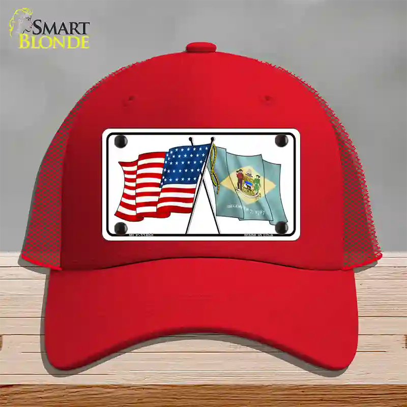 Delaware Crossed US Flag Novelty License Plate Hat Mesh / Red