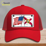 Florida Crossed US Flag Novelty License Plate Hat Mesh / Red