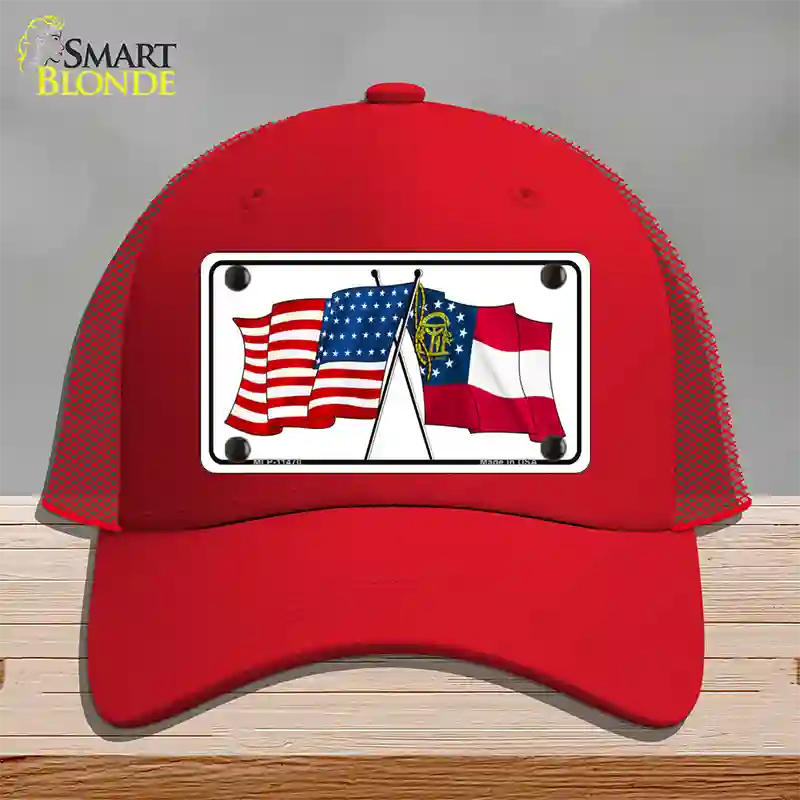 Georgia Crossed US Flag Novelty License Plate Hat Mesh / Red