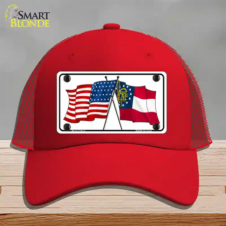 Georgia Crossed US Flag Novelty License Plate Hat Mesh / Red