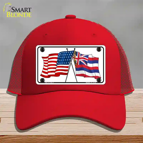 Hawaii Crossed US Flag Novelty License Plate Hat Mesh / Red