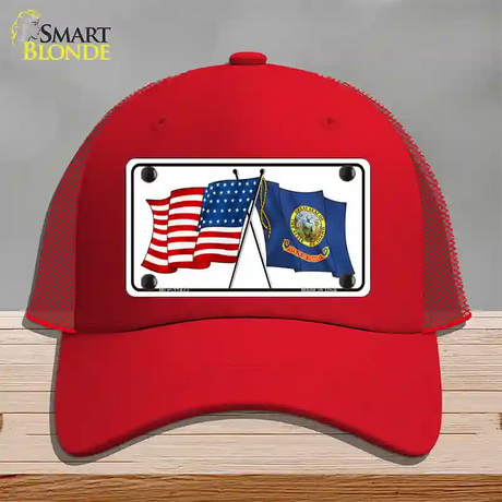 Idaho Crossed US Flag Novelty License Plate Hat Mesh / Red