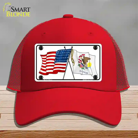 Illinois Crossed US Flag Novelty License Plate Hat Mesh / Red