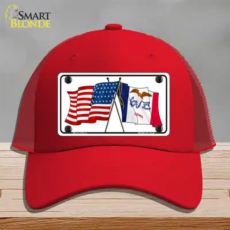 Iowa Crossed US Flag Novelty License Plate Hat Mesh / Red