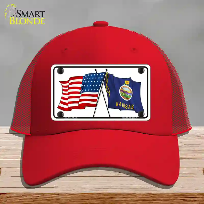 Kansas Crossed US Flag Novelty License Plate Hat Mesh / Red