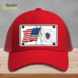 Massachusetts Crossed US Flag Novelty License Plate Hat Mesh / Red