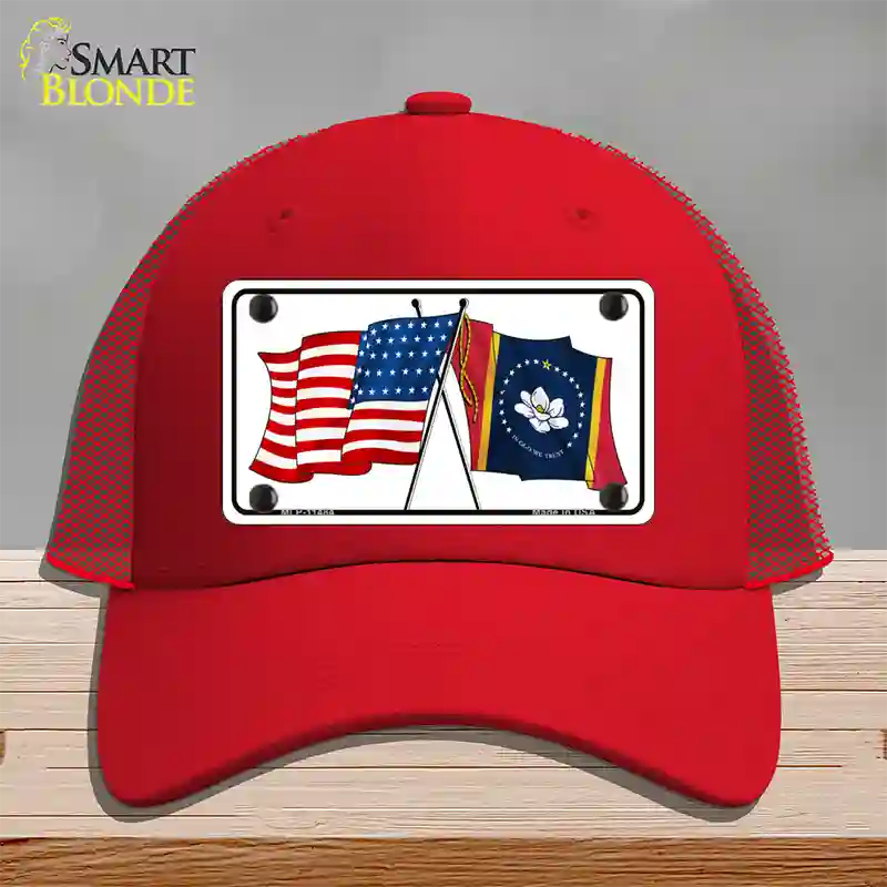 Mississippi Crossed US Flag Novelty License Plate Hat Mesh / Red