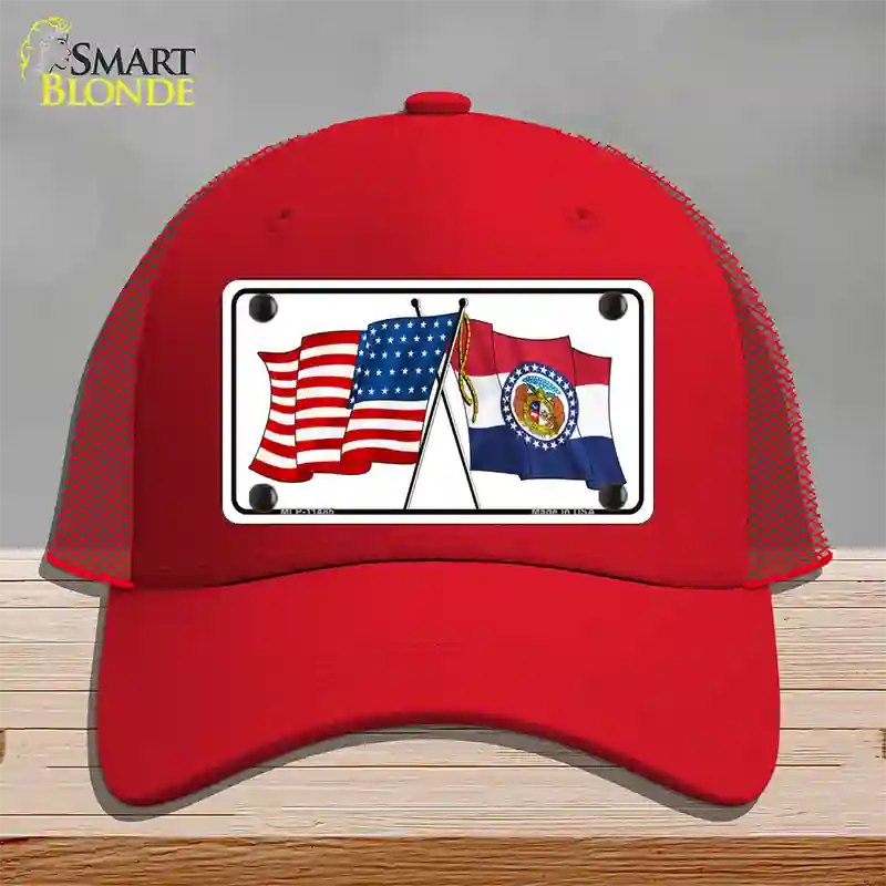 Missouri Crossed US Flag Novelty License Plate Hat Mesh / Red