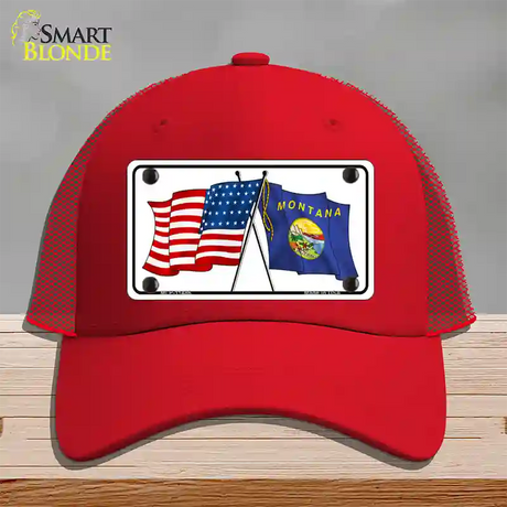 Montana Crossed US Flag Novelty License Plate Hat Mesh / Red