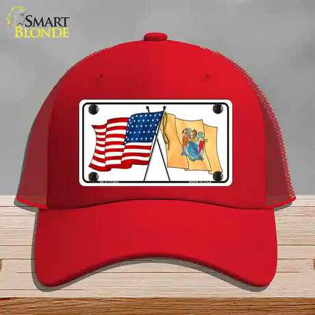 New Jersey Crossed US Flag Novelty License Plate Hat Mesh / Red