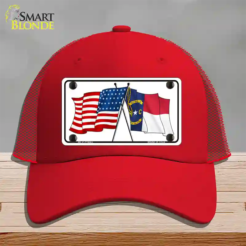 North Carolina Crossed US Flag Novelty License Plate Hat Mesh / Red