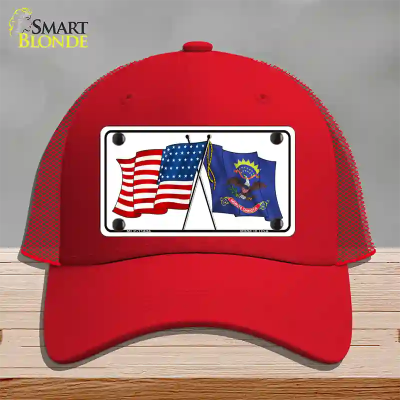 North Dakota Crossed US Flag Novelty License Plate Hat Mesh / Red