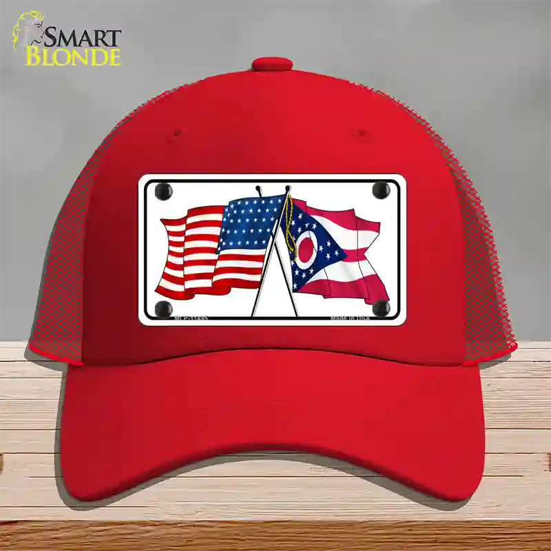 Ohio Crossed US Flag Novelty License Plate Hat Mesh / Red