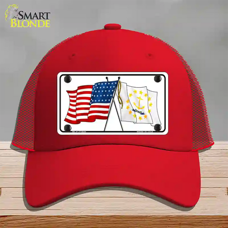 Rhode Island Crossed US Flag Novelty License Plate Hat Mesh / Red