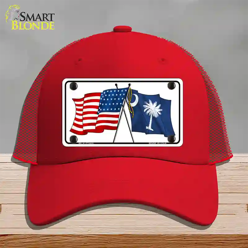 South Carolina Crossed US Flag Novelty License Plate Hat Mesh / Red