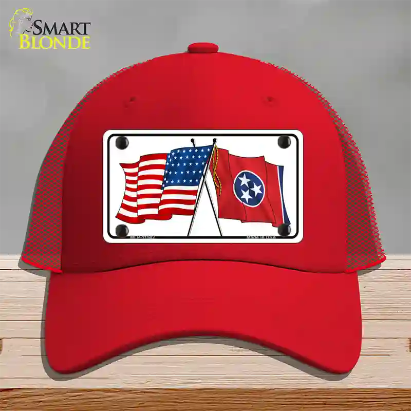 Tennessee Crossed US Flag Novelty License Plate Hat Mesh / Red