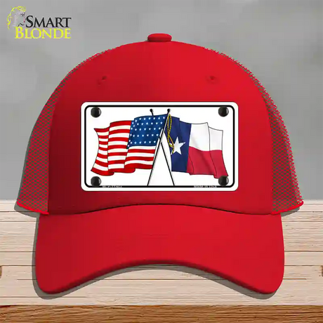 Texas Crossed US Flag Novelty License Plate Hat Mesh / Red