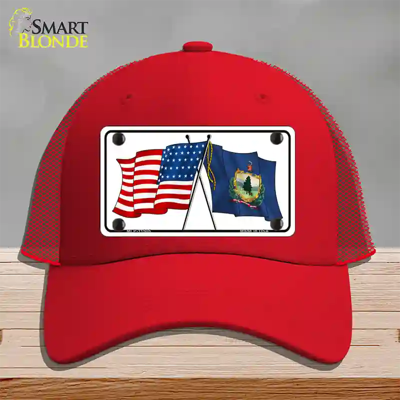 Vermont Crossed US Flag Novelty License Plate Hat Mesh / Red