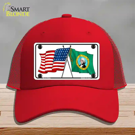 Washington Crossed US Flag Novelty License Plate Hat Mesh / Red