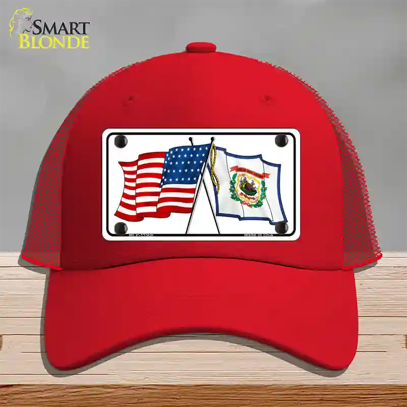 West Virginia Crossed US Flag Novelty License Plate Hat Mesh / Red