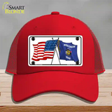 Wisconsin Crossed US Flag Novelty License Plate Hat Mesh / Red