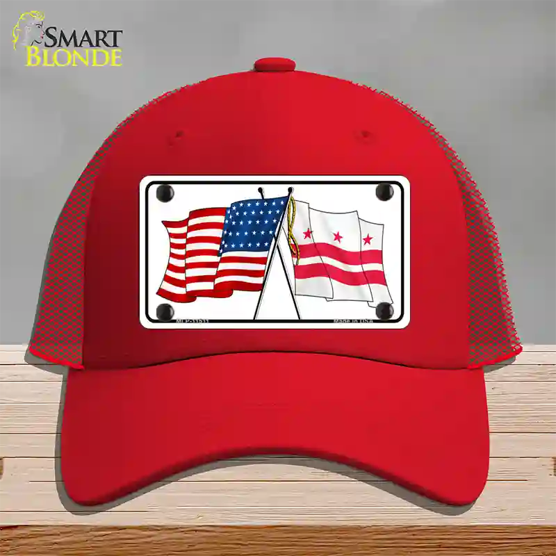 Washington DC Crossed US Flag Novelty License Plate Hat Mesh / Red