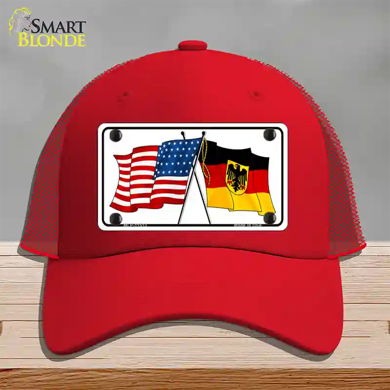 Germany Crossed US Flag Novelty License Plate Hat Mesh / Red