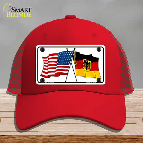 Germany Crossed US Flag Novelty License Plate Hat Mesh / Red