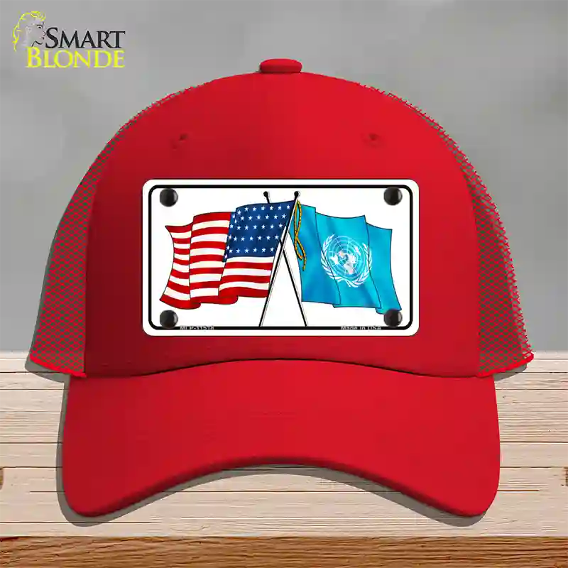 United Nation Crossed US Flag Novelty License Plate Hat Mesh / Red