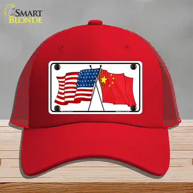 China Crossed US Flag Novelty License Plate Hat Mesh / Red