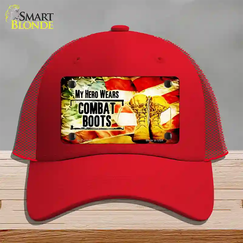 My Hero Wears Combat Boots Novelty License Plate Hat Mesh / Red