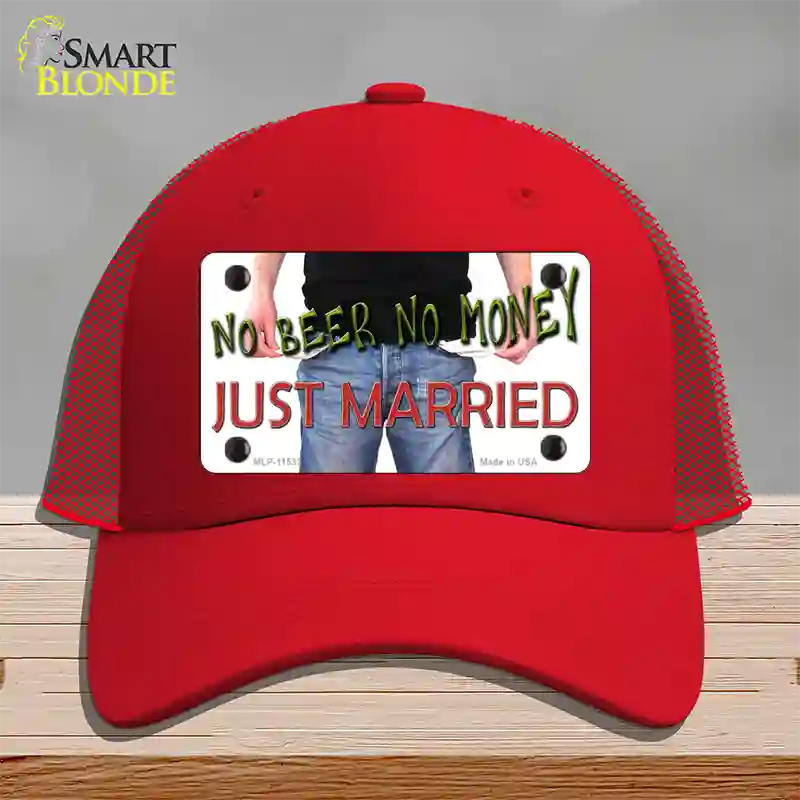 No Beer No Money Just Married Novelty License Plate Hat Mesh / Red