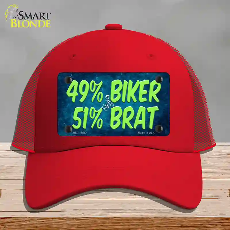 49% Biker 51% Brat Novelty License Plate Hat Mesh / Red