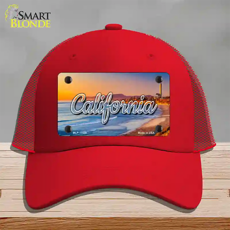 California Beach State Novelty License Plate Hat Mesh / Red