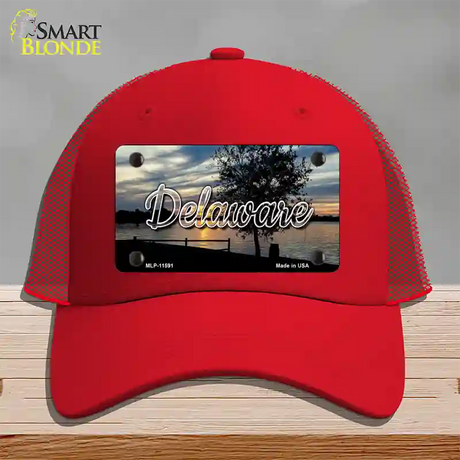 Delaware River Sunset State Novelty License Plate Hat Mesh / Red