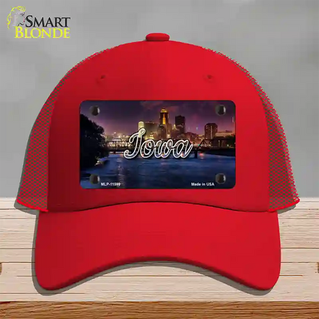 Iowa Bridge City Lights State Novelty License Plate Hat Mesh / Red