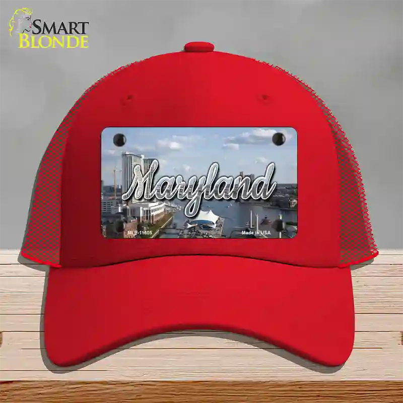 Maryland River Skyline State Novelty License Plate Hat Mesh / Red