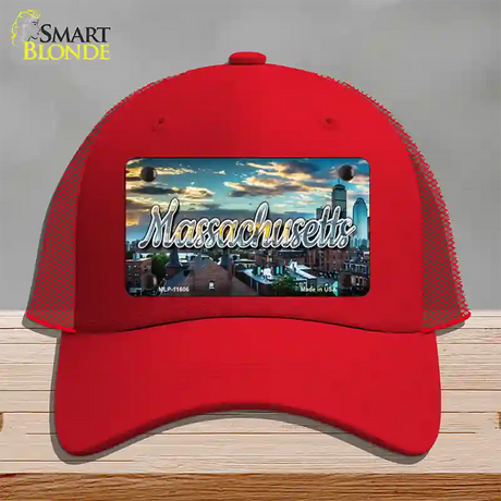 Massachusetts Sunset Skyline State Novelty License Plate Hat Mesh / Red