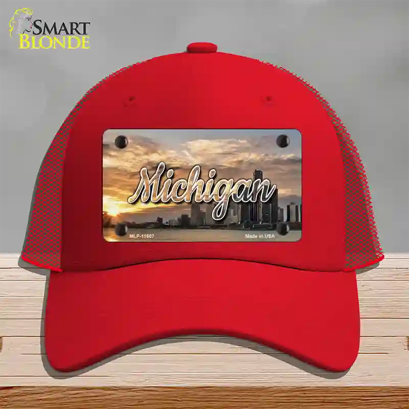 Michigan City Sunset State Novelty License Plate Hat Mesh / Red