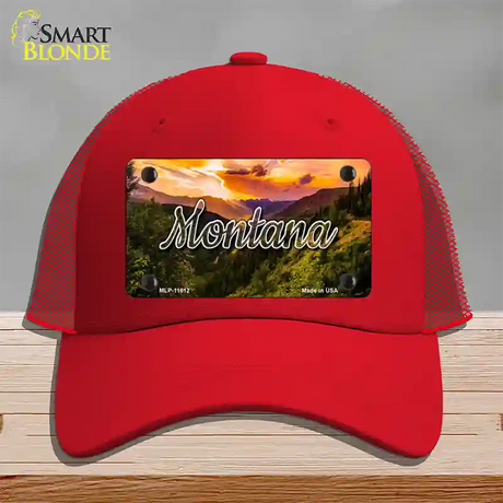 Montana Forest Sunset State Novelty License Plate Hat Mesh / Red